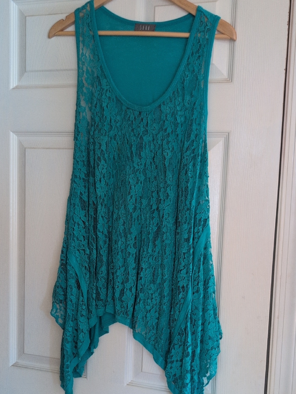 Teal Lace Handkerchief Hem Tank